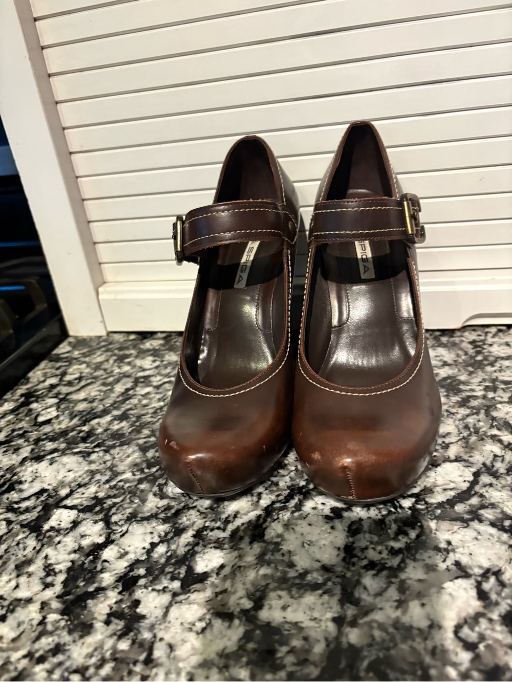 Via Spiga Brown Leather Mary Jane Heels with Buckle